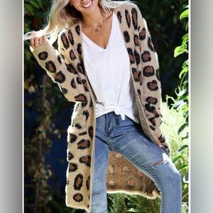 Shop Wanna B Leopard Print Oversized Ultra Fuzzy Women's Sweater with Pockets